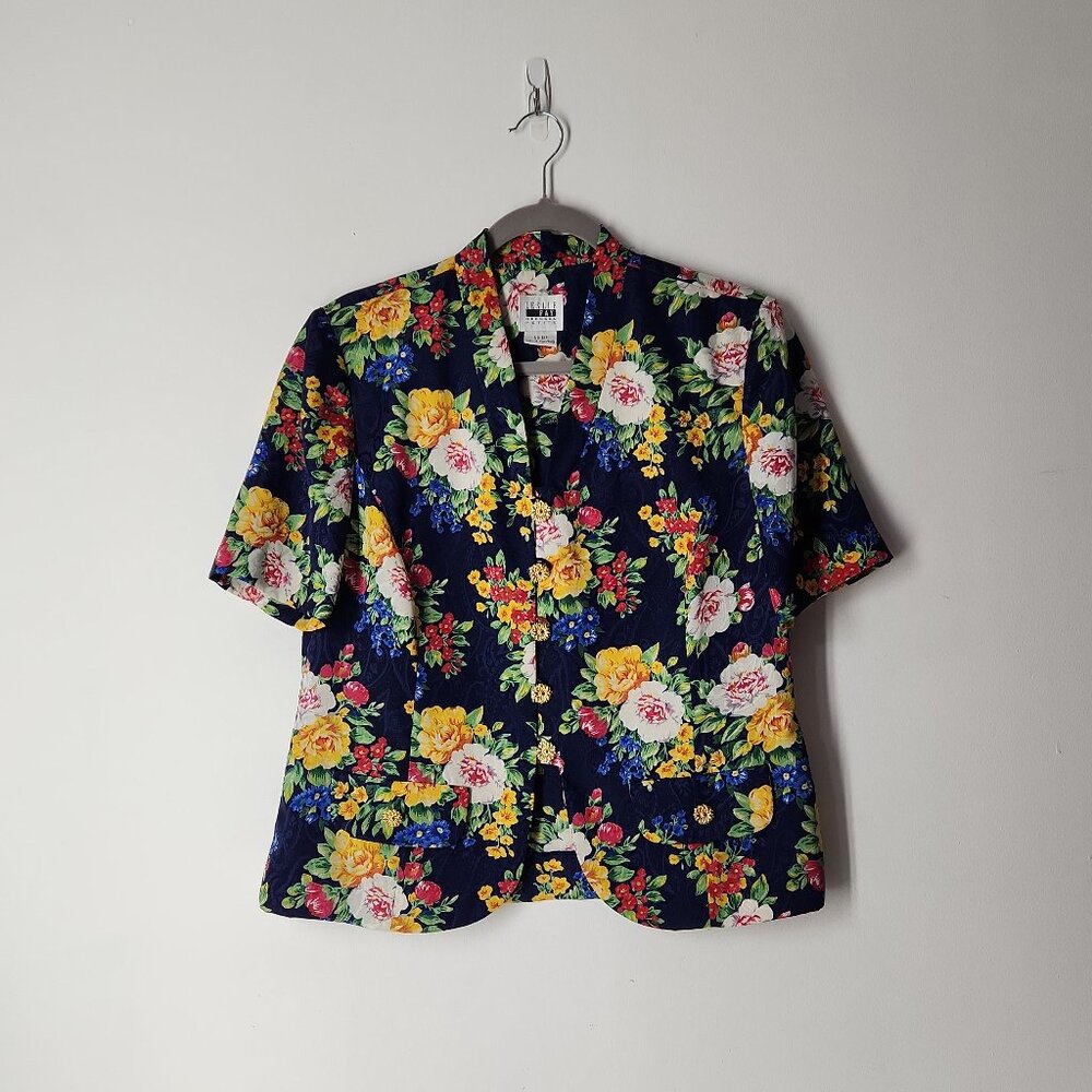 Vintage Navy Colorful Floral Jacquard Short sleeve Blazer top Leslie FAY 12 P